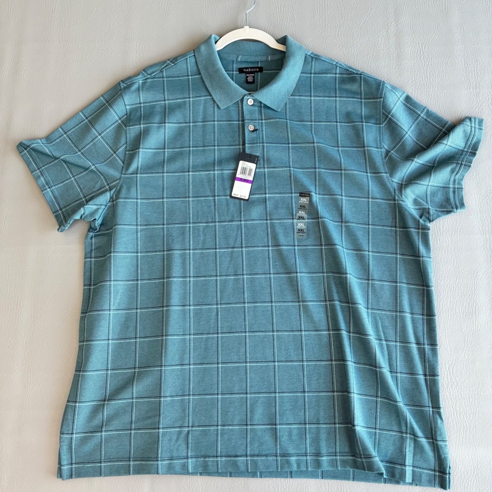 Van Heusen Mens XXL Polo Shirt Blue Green Windowpane Check Short Sleeve 5058624